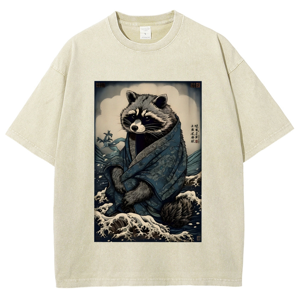 Raccoon and Waves - Traditional Japanese Ukiyoe Painting Vintage Washed T-shirt