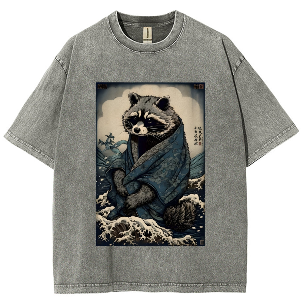 Raccoon and Waves - Traditional Japanese Ukiyoe Painting Vintage Washed T-shirt