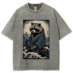 Raccoon and Waves - Traditional Japanese Ukiyoe Painting Vintage Washed T-shirt