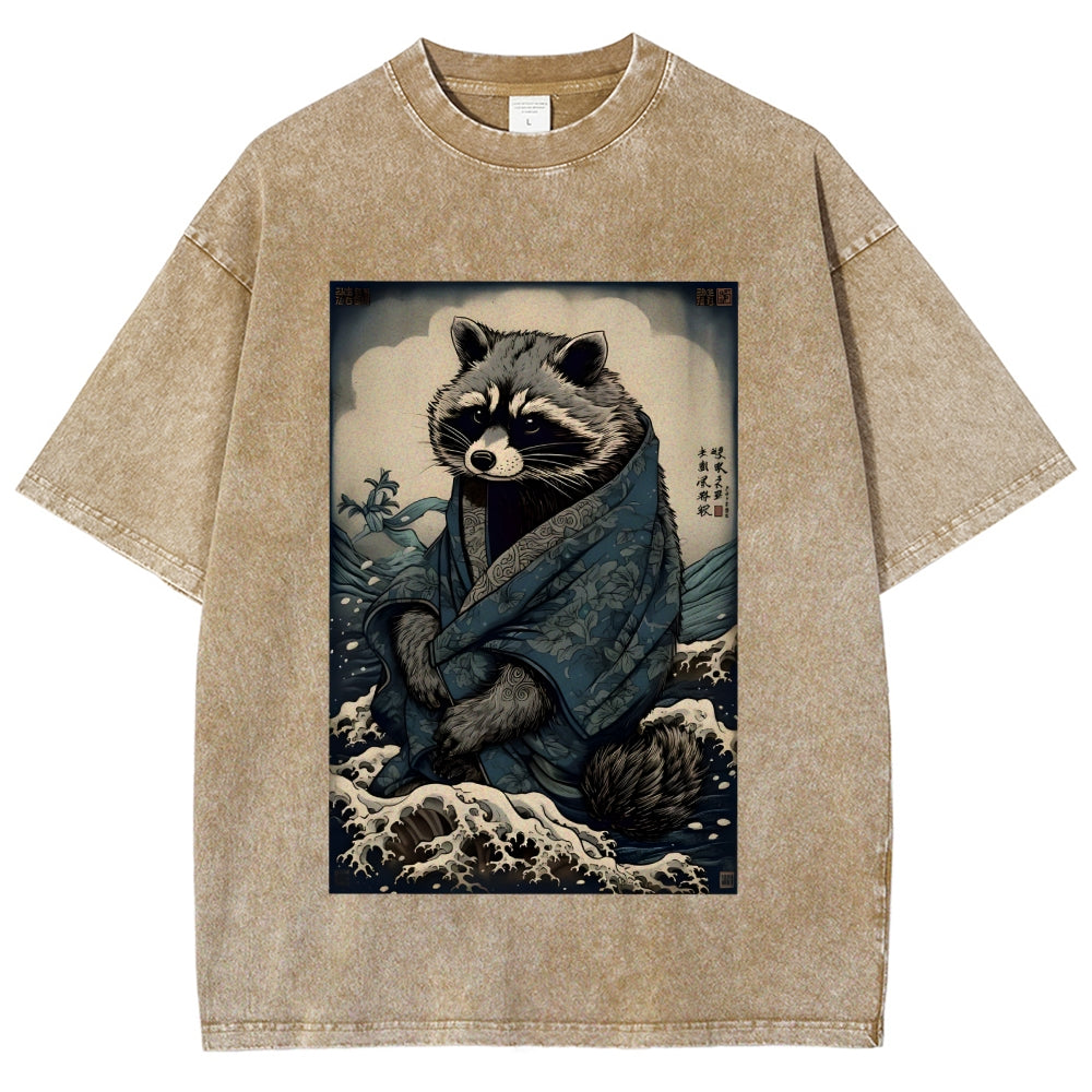 Raccoon and Waves - Traditional Japanese Ukiyoe Painting Vintage Washed T-shirt