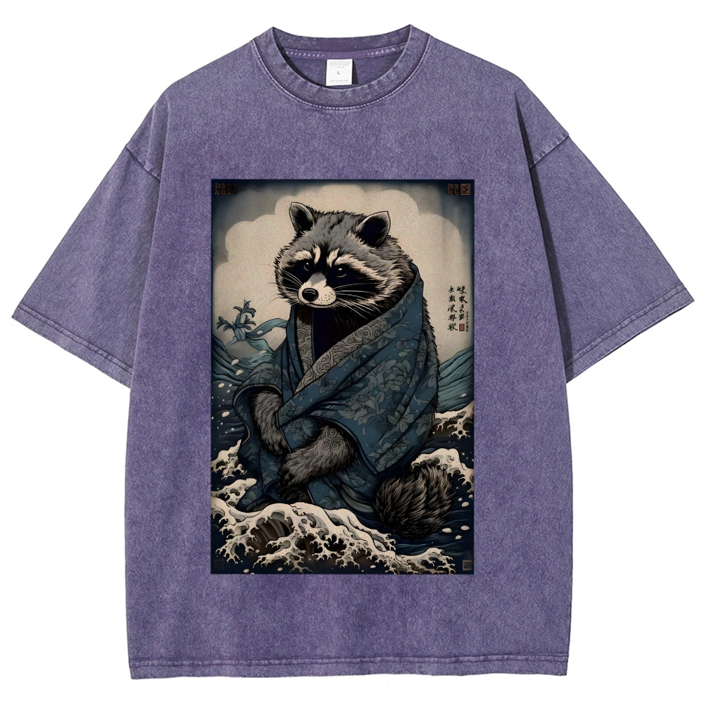Raccoon and Waves - Traditional Japanese Ukiyoe Painting Vintage Washed T-shirt