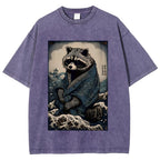 Raccoon and Waves - Traditional Japanese Ukiyoe Painting Vintage Washed T-shirt