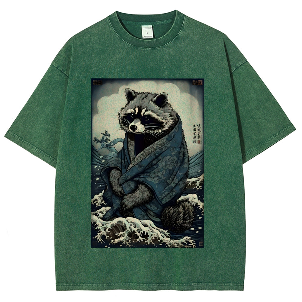 Raccoon and Waves - Traditional Japanese Ukiyoe Painting Vintage Washed T-shirt