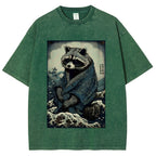 Raccoon and Waves - Traditional Japanese Ukiyoe Painting Vintage Washed T-shirt