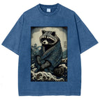 Raccoon and Waves - Traditional Japanese Ukiyoe Painting Vintage Washed T-shirt