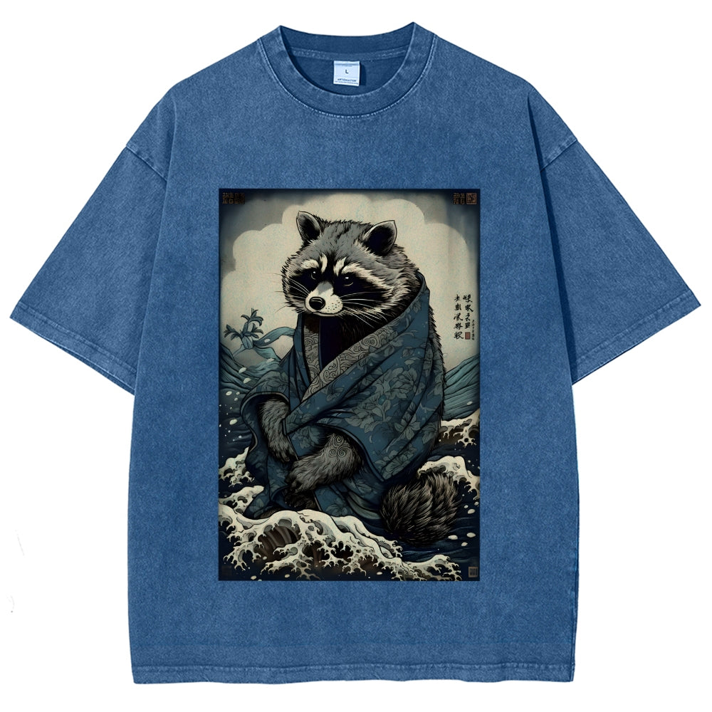 Raccoon and Waves - Traditional Japanese Ukiyoe Painting Vintage Washed T-shirt