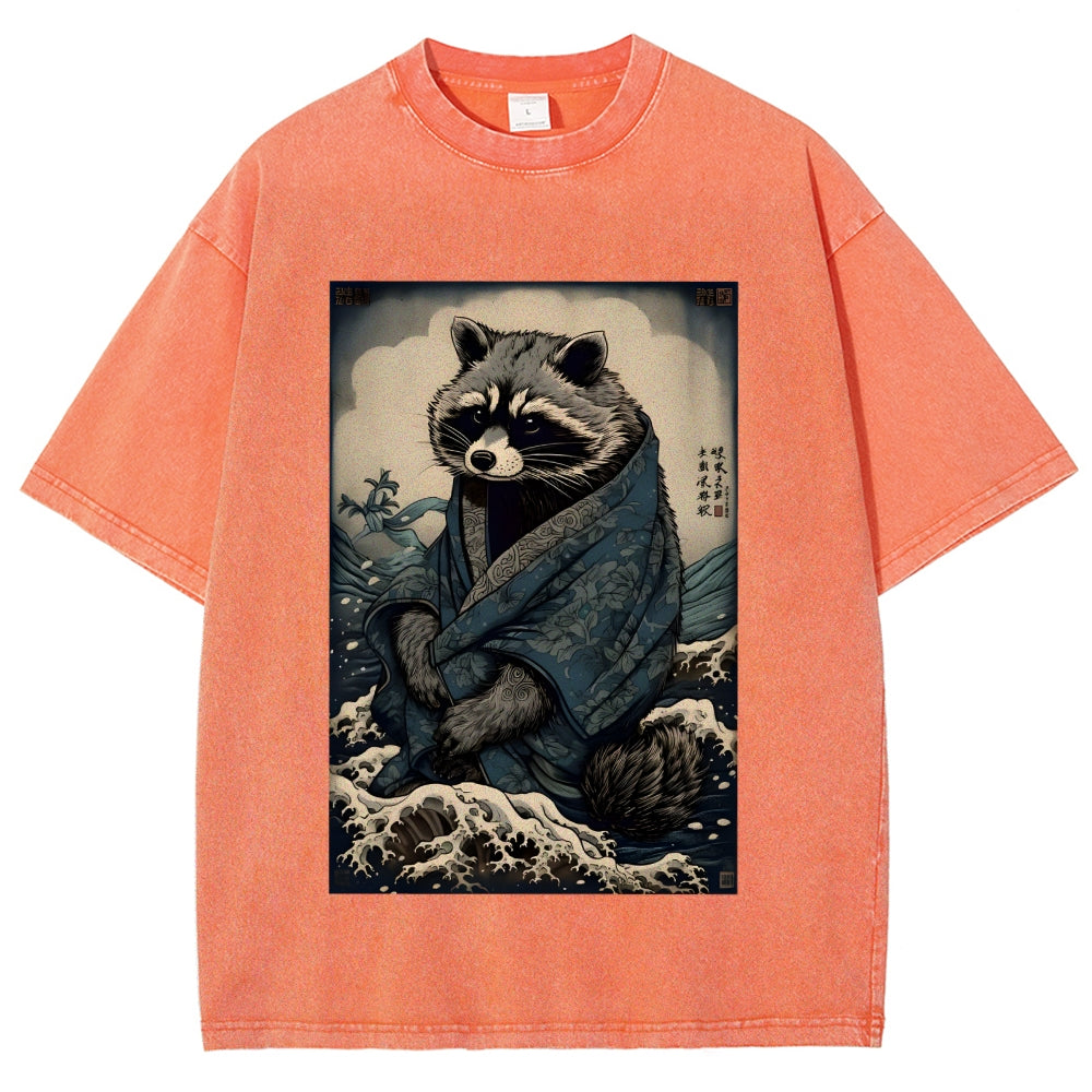 Raccoon and Waves - Traditional Japanese Ukiyoe Painting Vintage Washed T-shirt