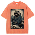 Raccoon and Waves - Traditional Japanese Ukiyoe Painting Vintage Washed T-shirt