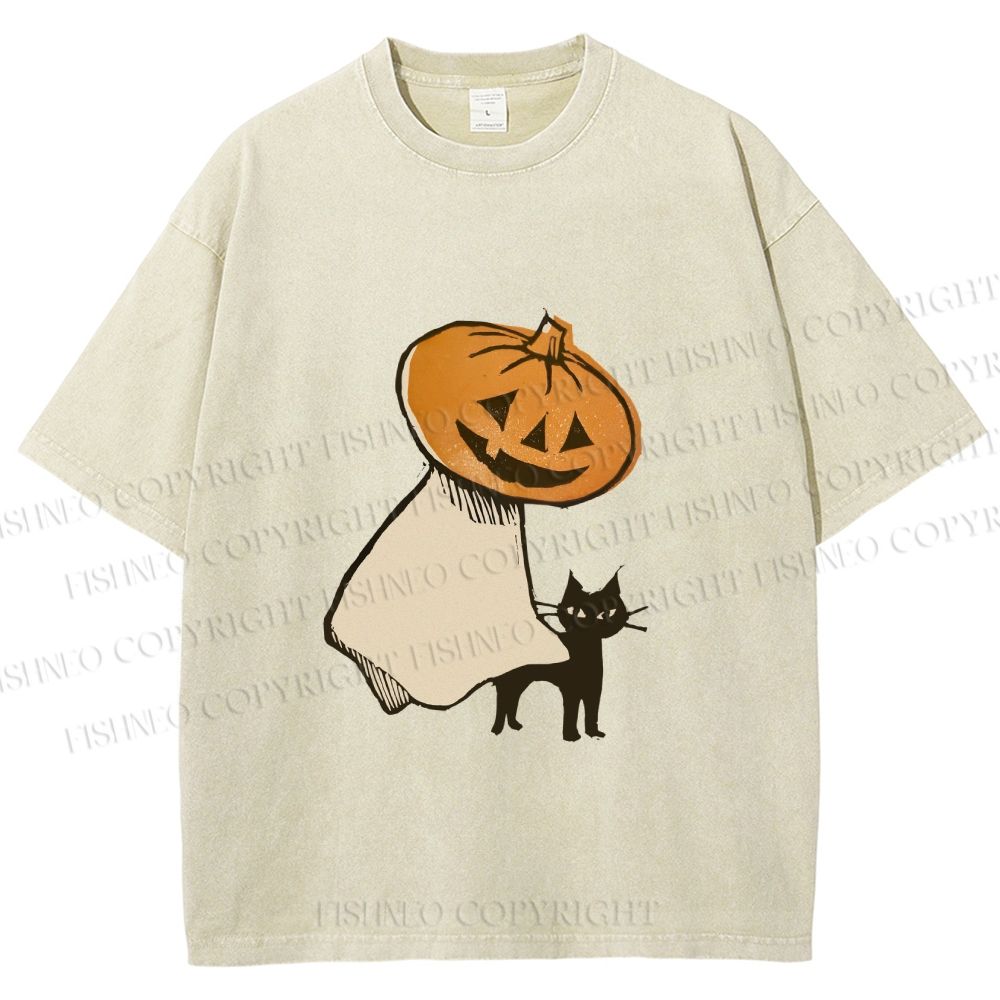 Unisex Vintage Halloween Pumpkin Pet The Cat Printed Washed Tee