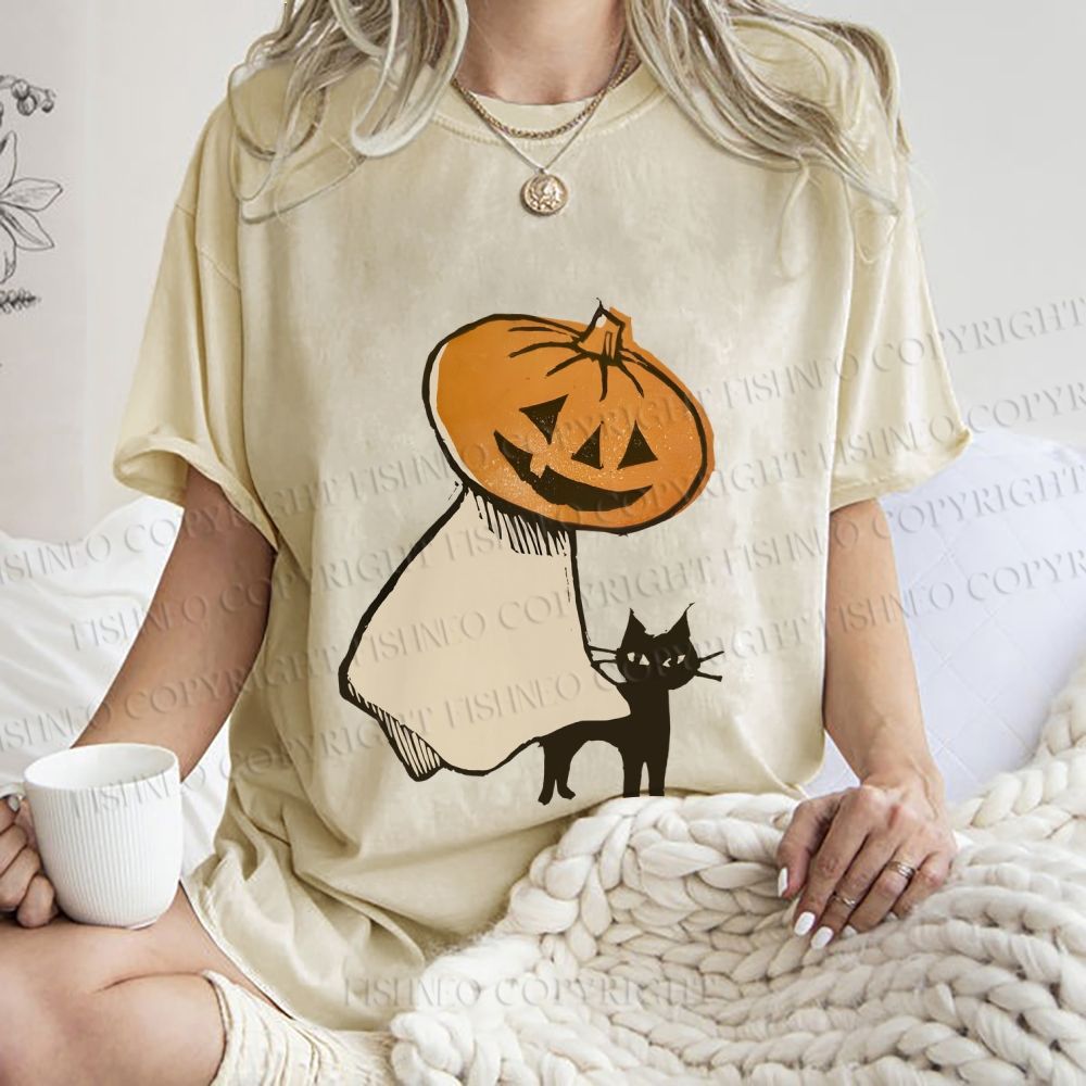 Unisex Vintage Halloween Pumpkin Pet The Cat Printed Washed Tee