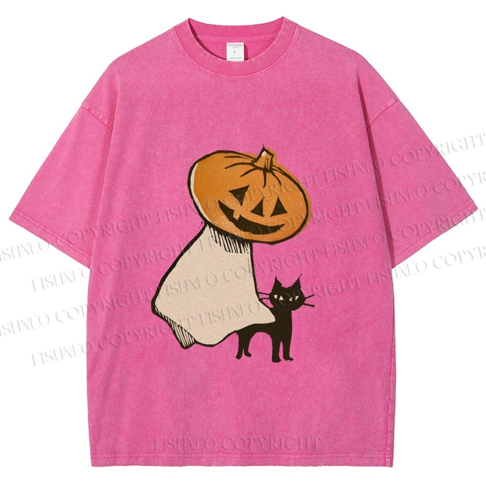 Unisex Vintage Halloween Pumpkin Pet The Cat Printed Washed Tee
