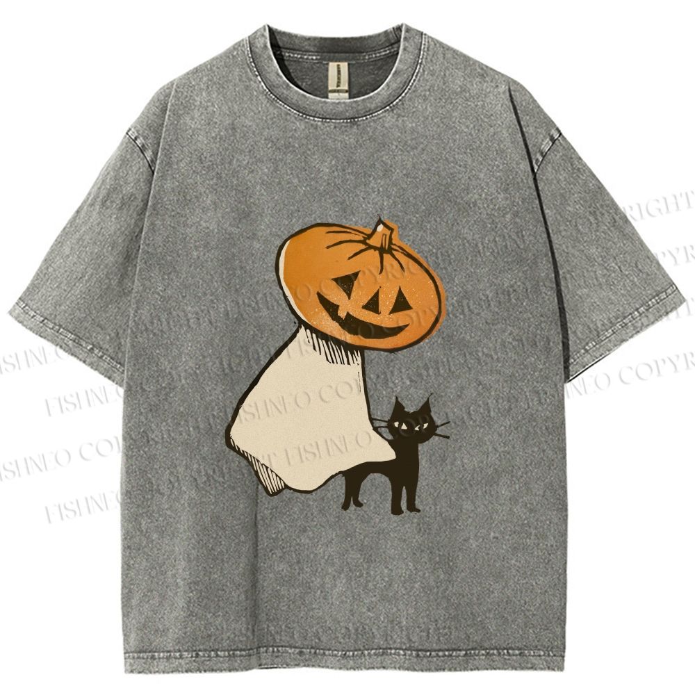 Unisex Vintage Halloween Pumpkin Pet The Cat Printed Washed Tee
