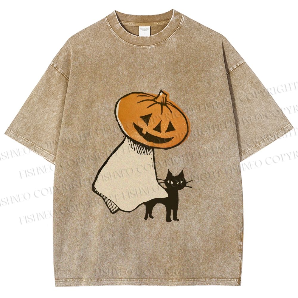 Unisex Vintage Halloween Pumpkin Pet The Cat Printed Washed Tee
