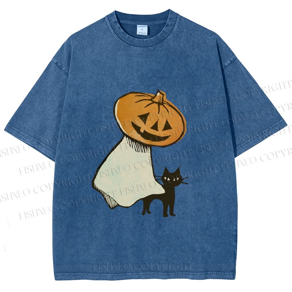 Unisex Vintage Halloween Pumpkin Pet The Cat Printed Washed Tee