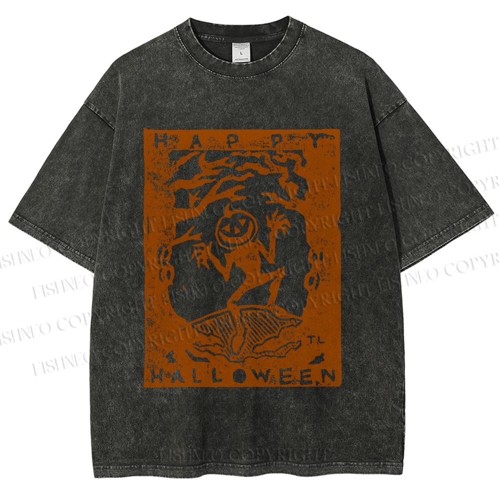 Unisex Vintage Silly Pumpkin Halloween Printed Washed Tee
