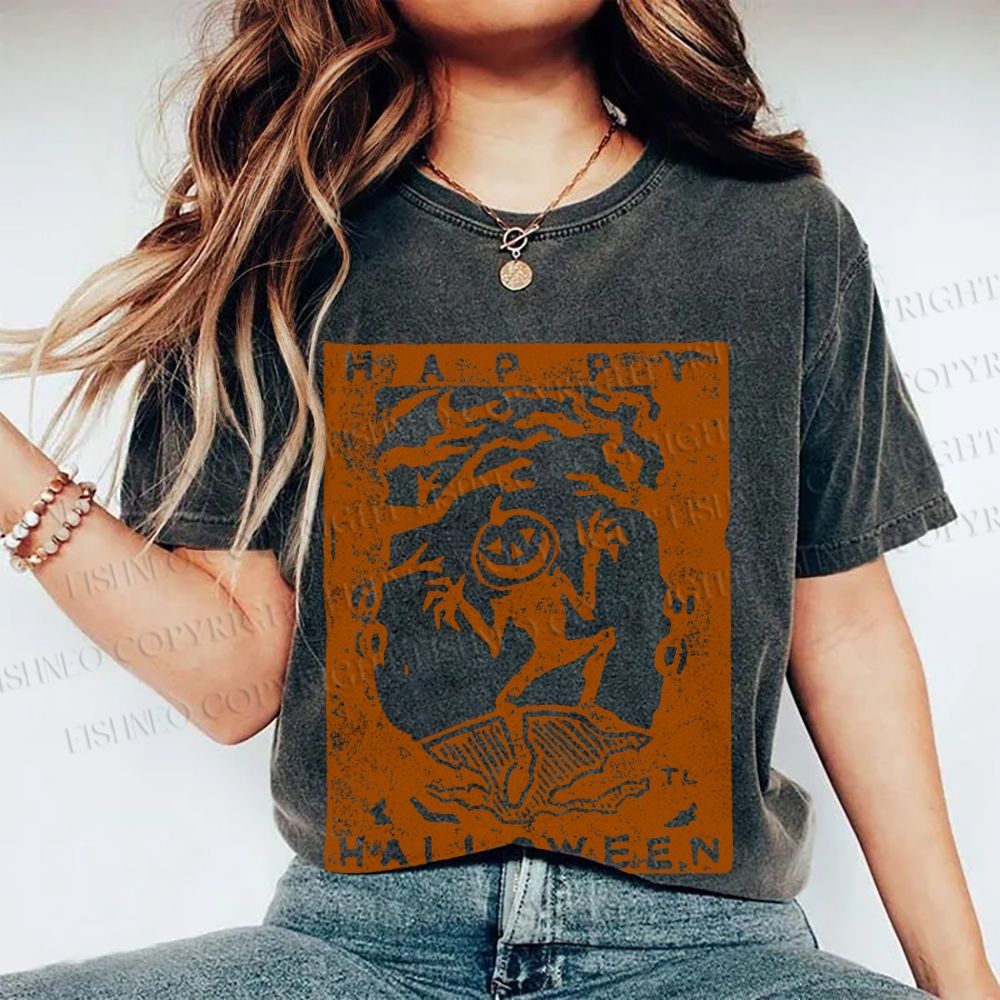 Unisex Vintage Silly Pumpkin Halloween Printed Washed Tee