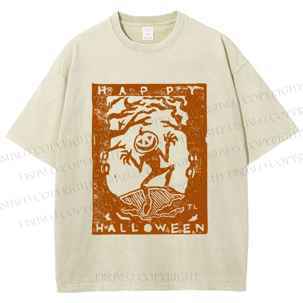 Unisex Vintage Silly Pumpkin Halloween Printed Washed Tee