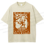 Unisex Vintage Silly Pumpkin Halloween Printed Washed Tee