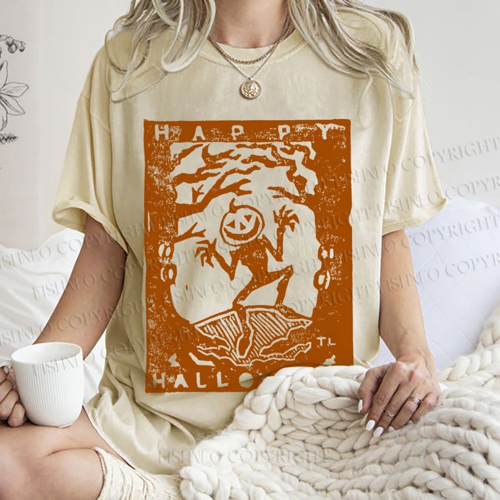 Unisex Vintage Silly Pumpkin Halloween Printed Washed Tee