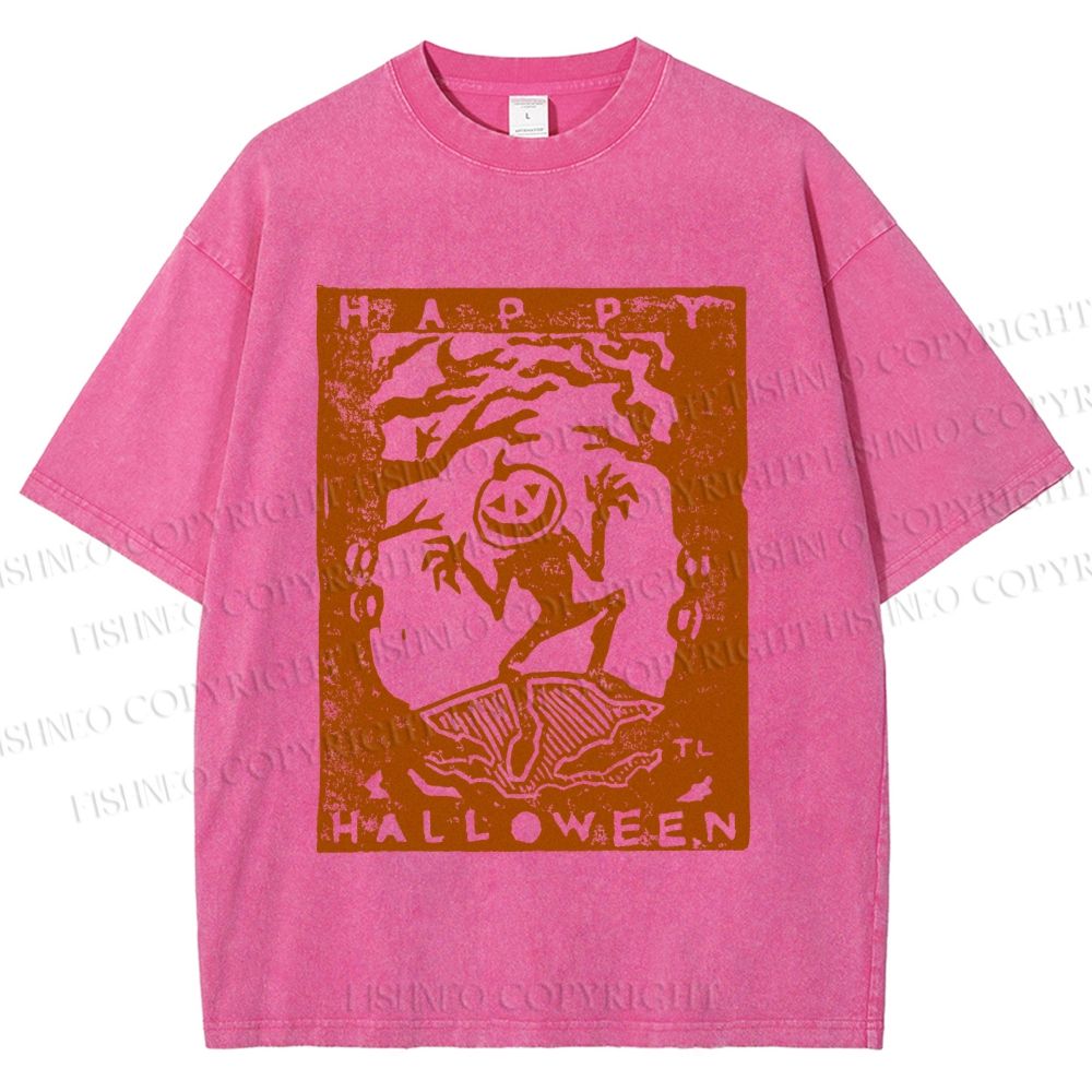 Unisex Vintage Silly Pumpkin Halloween Printed Washed Tee