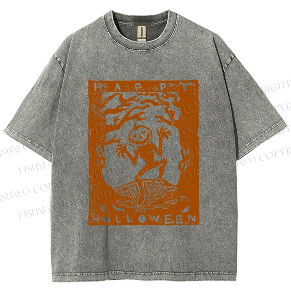 Unisex Vintage Silly Pumpkin Halloween Printed Washed Tee