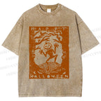 Unisex Vintage Silly Pumpkin Halloween Printed Washed Tee