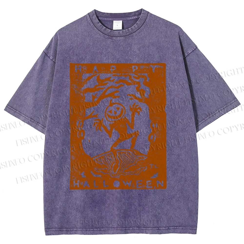 Unisex Vintage Silly Pumpkin Halloween Printed Washed Tee