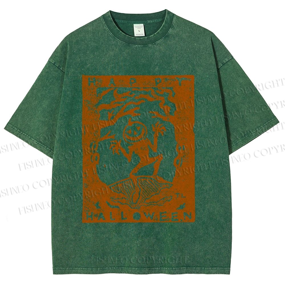 Unisex Vintage Silly Pumpkin Halloween Printed Washed Tee