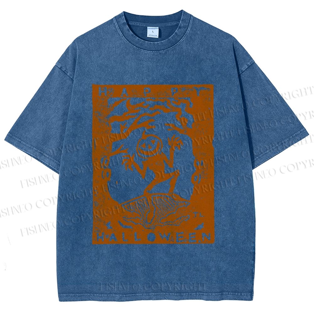 Unisex Vintage Silly Pumpkin Halloween Printed Washed Tee