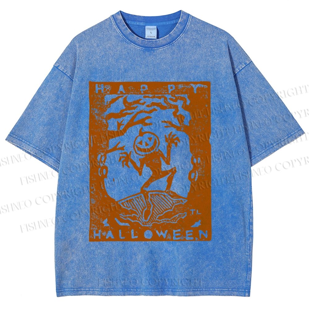 Unisex Vintage Silly Pumpkin Halloween Printed Washed Tee