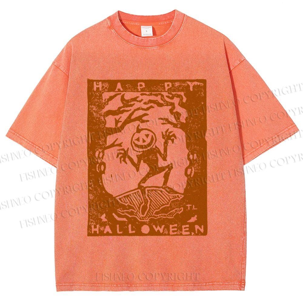 Unisex Vintage Silly Pumpkin Halloween Printed Washed Tee