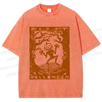 Unisex Vintage Silly Pumpkin Halloween Printed Washed Tee