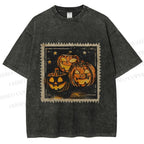 Unisex Halloween Stamp Evil Pumpkin Printed Washed Tee