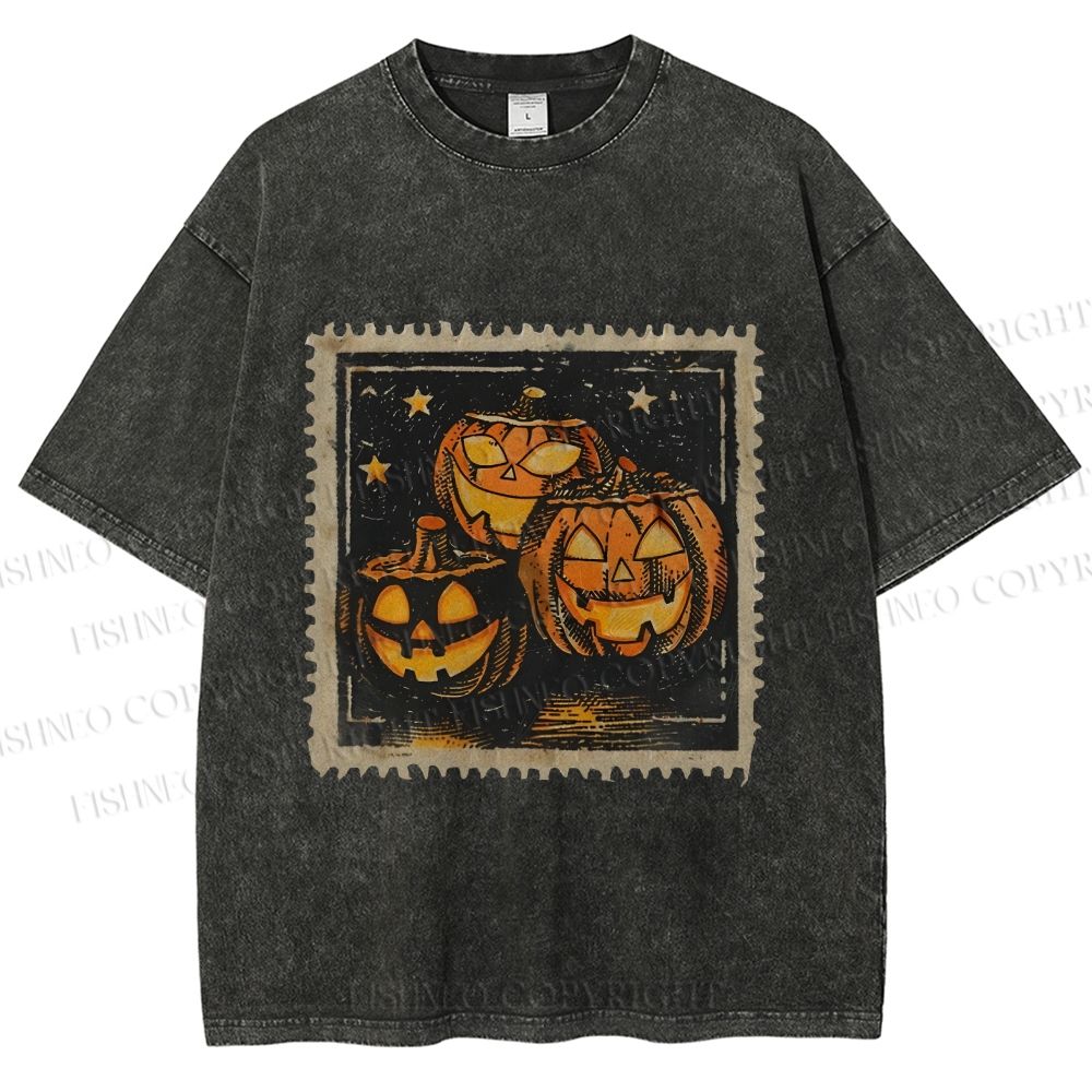 Unisex Halloween Stamp Evil Pumpkin Printed Washed Tee