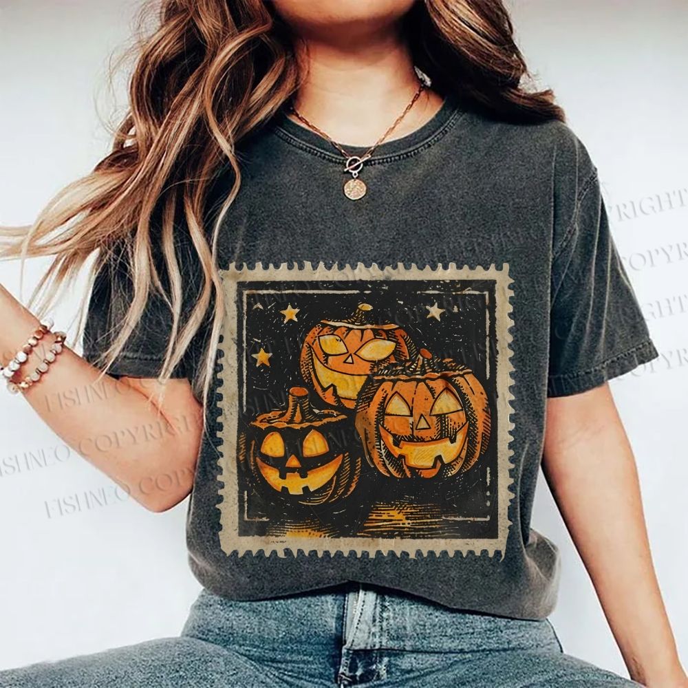 Unisex Halloween Stamp Evil Pumpkin Printed Washed Tee
