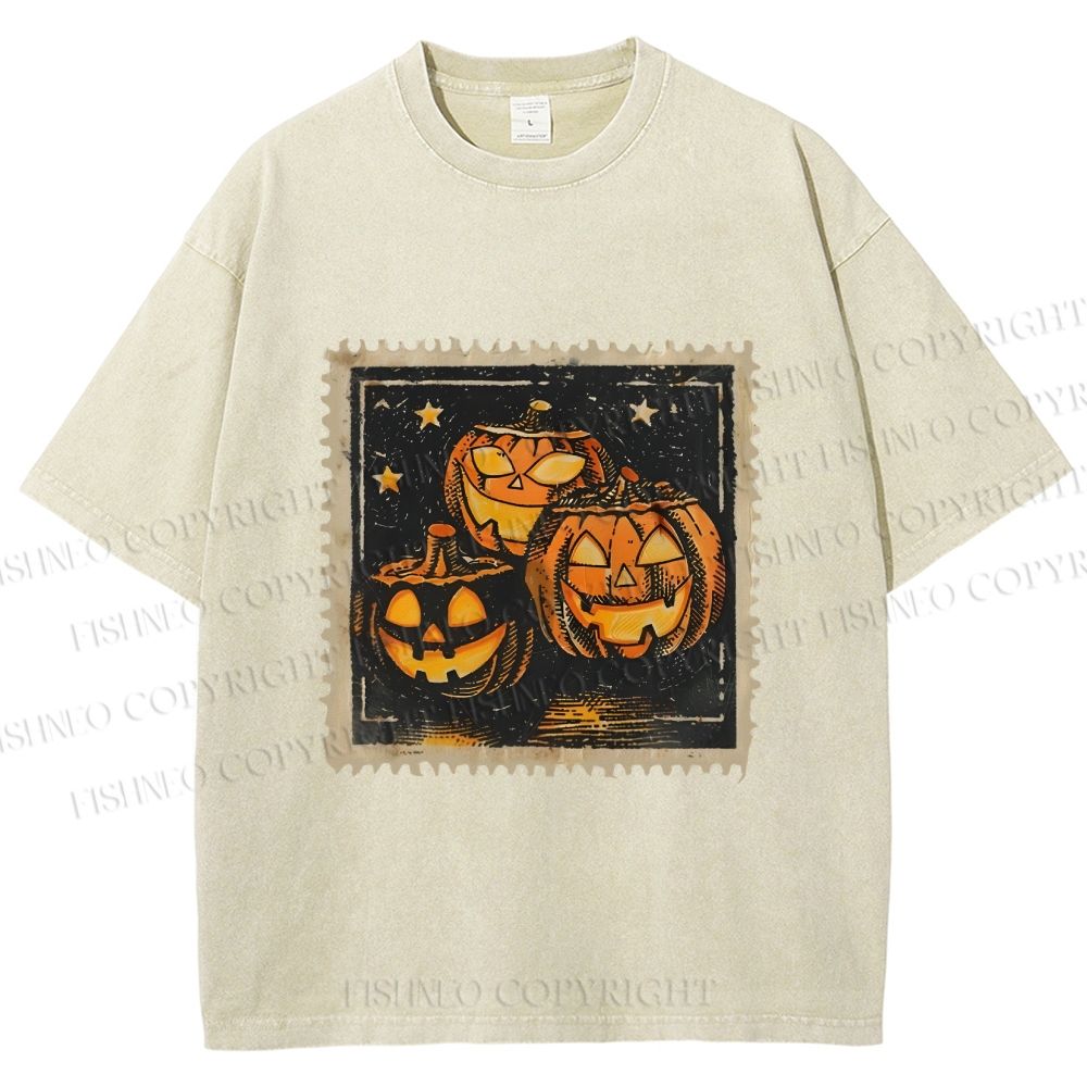 Unisex Halloween Stamp Evil Pumpkin Printed Washed Tee