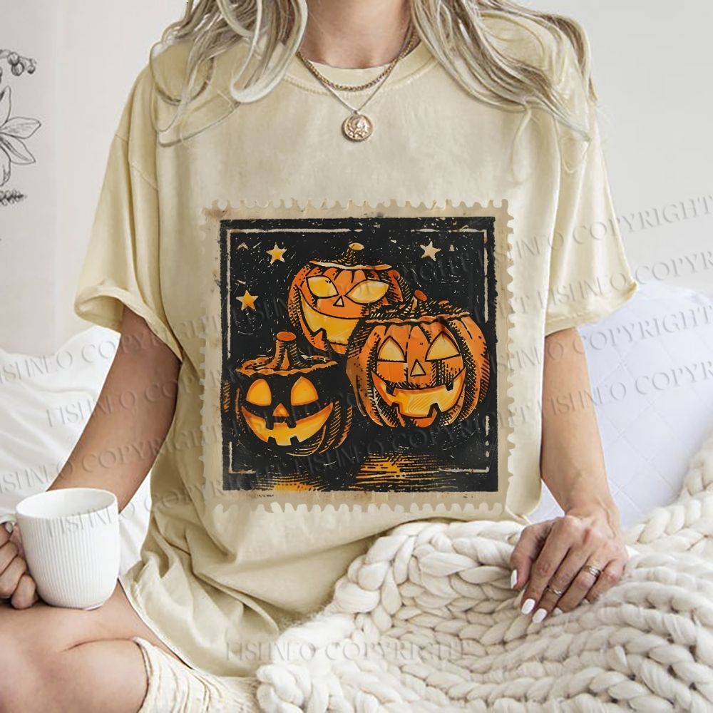 Unisex Halloween Stamp Evil Pumpkin Printed Washed Tee