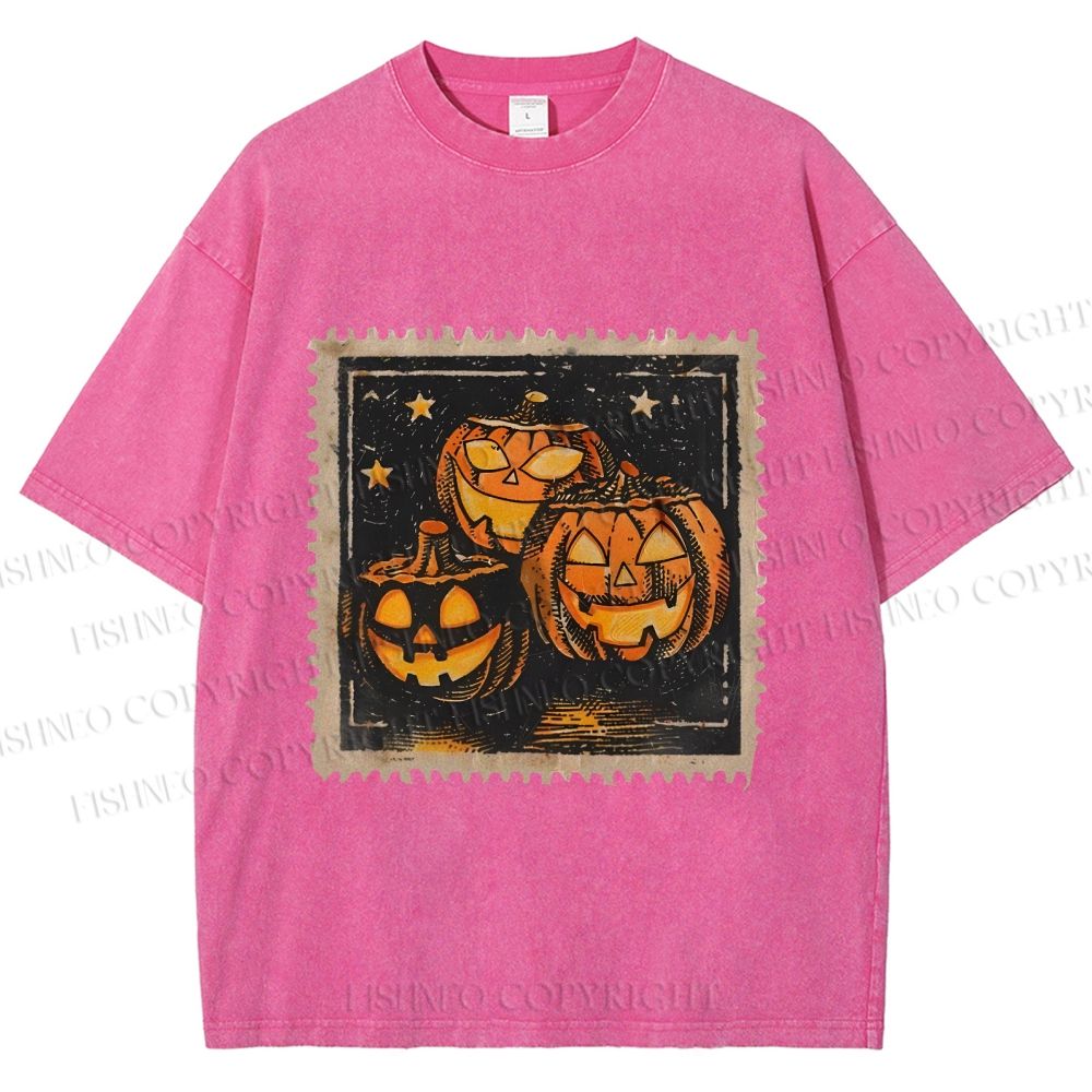 Unisex Halloween Stamp Evil Pumpkin Printed Washed Tee