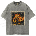 Unisex Halloween Stamp Evil Pumpkin Printed Washed Tee