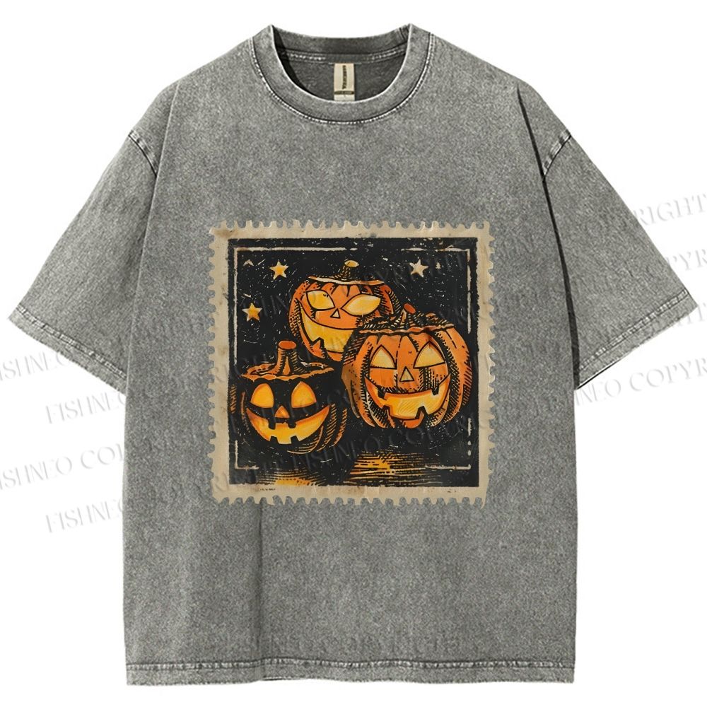 Unisex Halloween Stamp Evil Pumpkin Printed Washed Tee