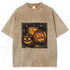 Unisex Halloween Stamp Evil Pumpkin Printed Washed Tee
