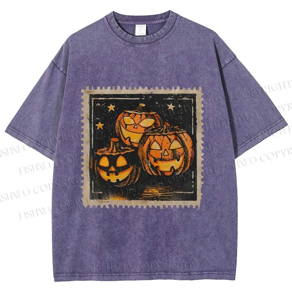 Unisex Halloween Stamp Evil Pumpkin Printed Washed Tee