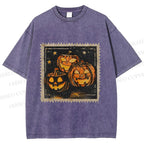 Unisex Halloween Stamp Evil Pumpkin Printed Washed Tee