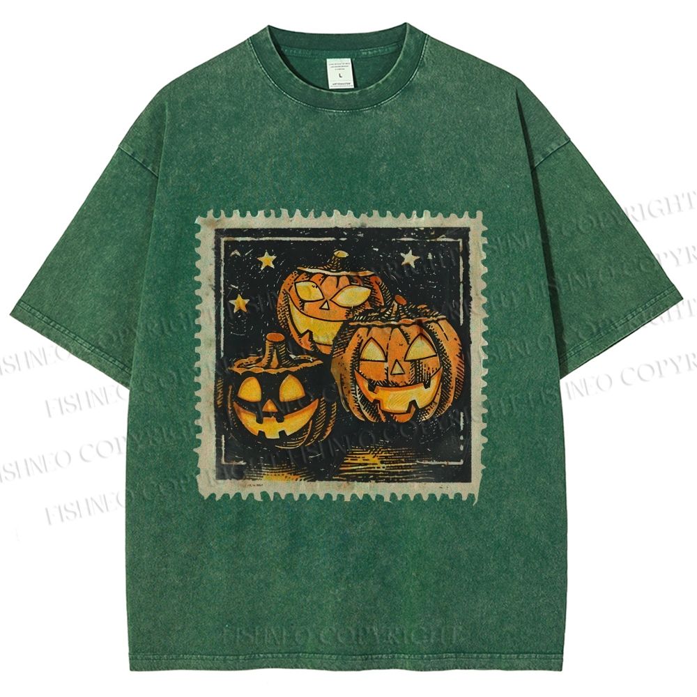 Unisex Halloween Stamp Evil Pumpkin Printed Washed Tee