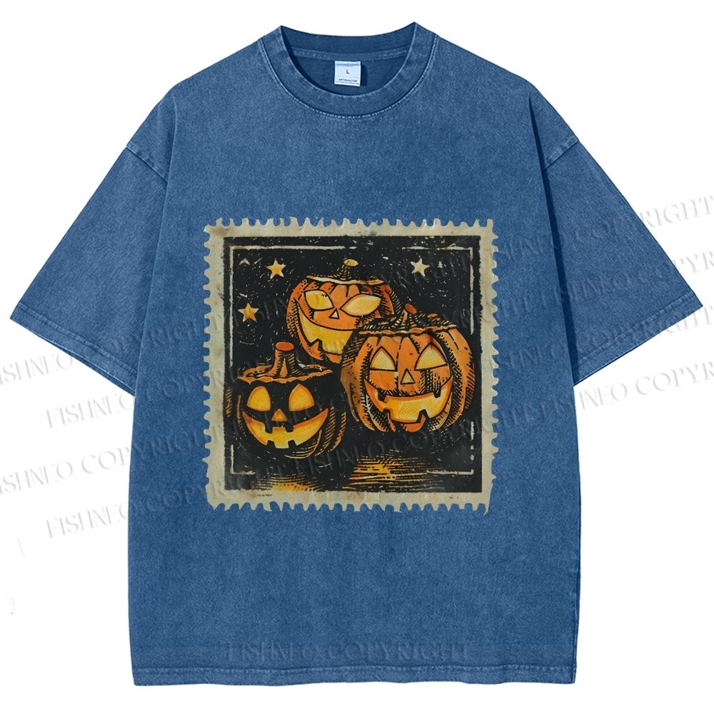 Unisex Halloween Stamp Evil Pumpkin Printed Washed Tee