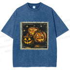 Unisex Halloween Stamp Evil Pumpkin Printed Washed Tee