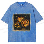Unisex Halloween Stamp Evil Pumpkin Printed Washed Tee