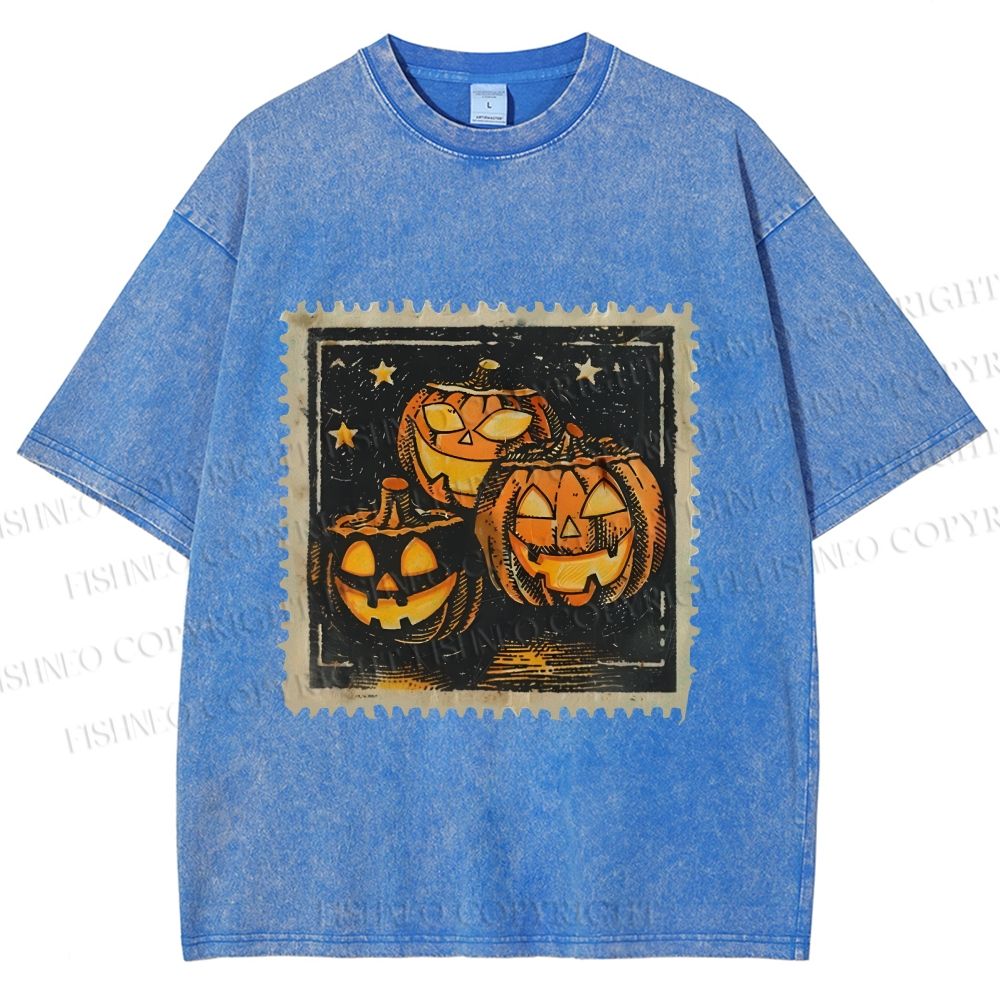 Unisex Halloween Stamp Evil Pumpkin Printed Washed Tee