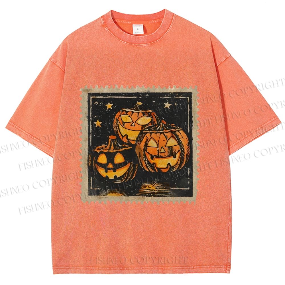 Unisex Halloween Stamp Evil Pumpkin Printed Washed Tee