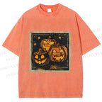Unisex Halloween Stamp Evil Pumpkin Printed Washed Tee